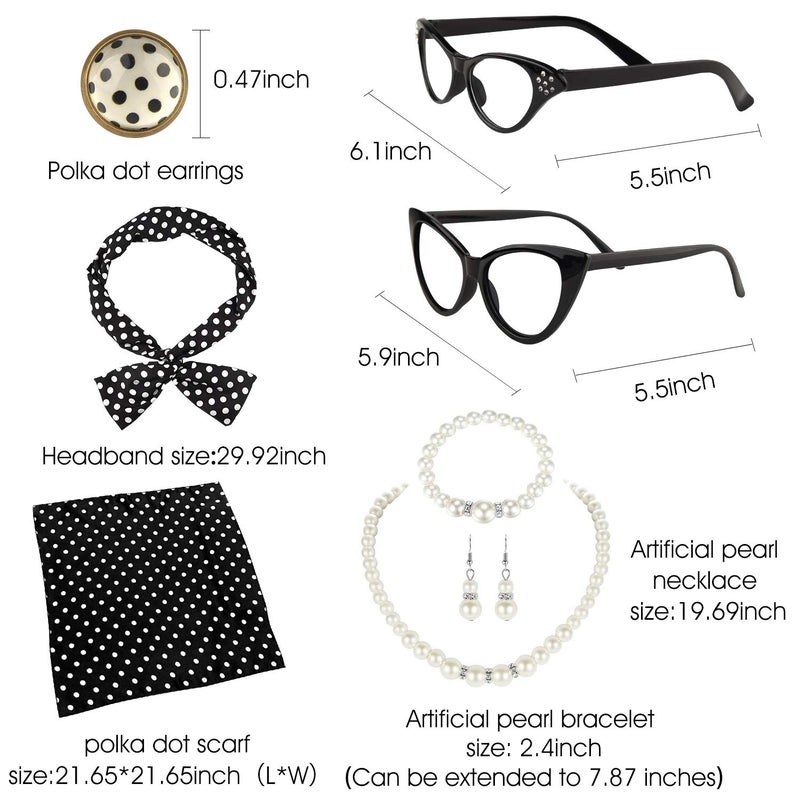TUPARKA 12 Pcs 50's Costume Accessories Set Includes Chiffon Scarf Cat Eye Glasses Bandana Tie Headband Earrings Artificial Pearl Bracelet and Necklace - Image 2